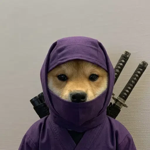 The original picture: a shiba puppy in a purple ninja hood with two katanas on his back, against a plain grey wall.
